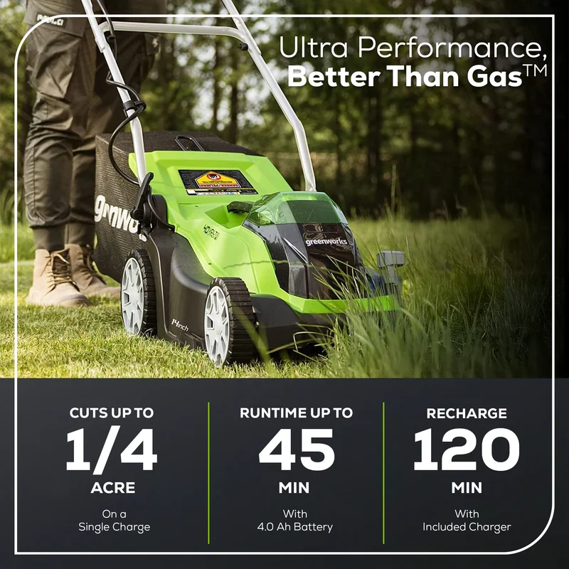 Greenworks 40V 14" Cordless Push Lawn Mower, 4.0Ah Battery and Charger Included