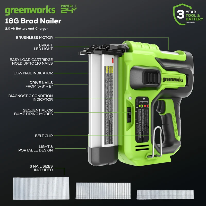 24V 18 Gauge Brad Nailer, 2.0Ah Battery and Charger Included