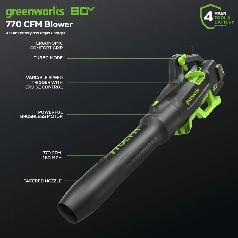 80V 770 CFM 180 MPH Leaf Blower, 4.0Ah Battery and Charger Included