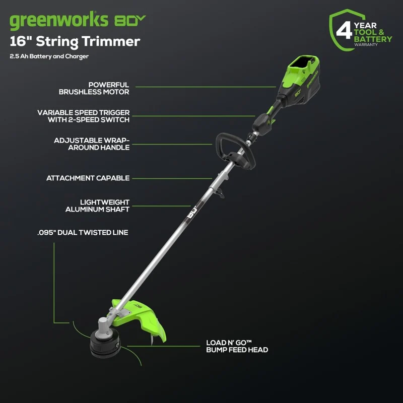 80V Cordless 16" Brushless Top Mount String Trimmer (Attachment Capable) w/ 2.5Ah Battery & Charger