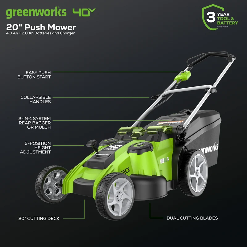 40V 20" Dual Blade Lawn Mower, 2.0Ah & 4.0Ah Batteries and Charger Included