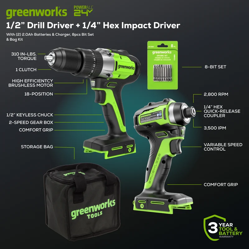 24V Brushless 1/2" Drill/Driver, 1/4" Hex Impact Driver, (2) 2.0Ah Battery & Charger Included Bonus: 8 pc Bit Set
