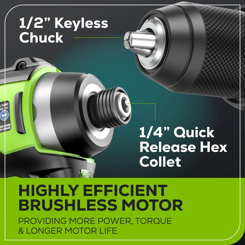 24V Brushless 1/2" Drill/Driver, 1/4" Hex Impact Driver, (2) 2.0Ah Battery & Charger Included Bonus: 8 pc Bit Set