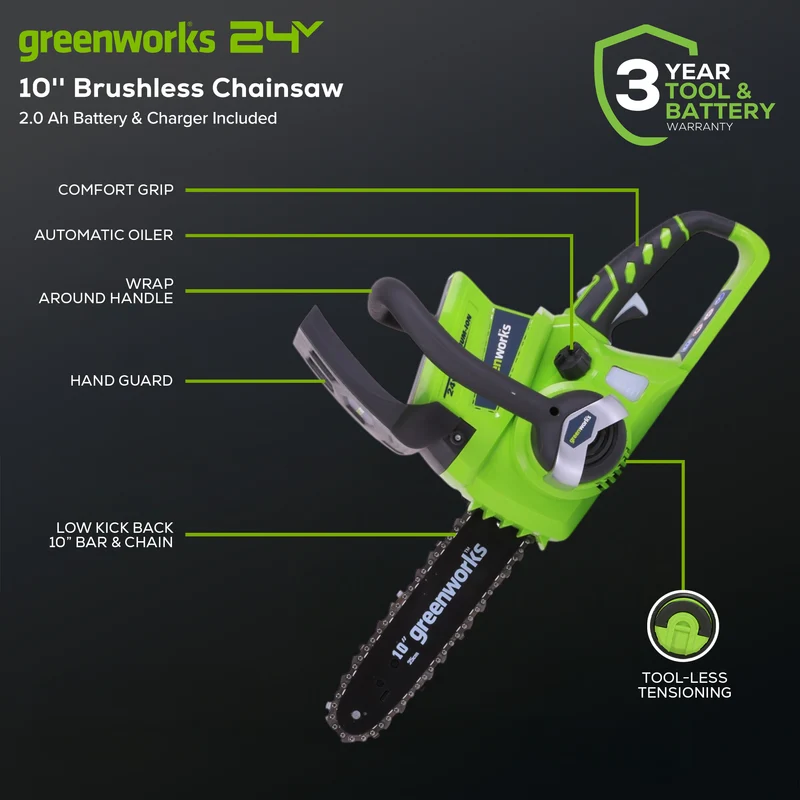24V 10" Cordless Chainsaw, 2.0Ah Battery and Charger Included