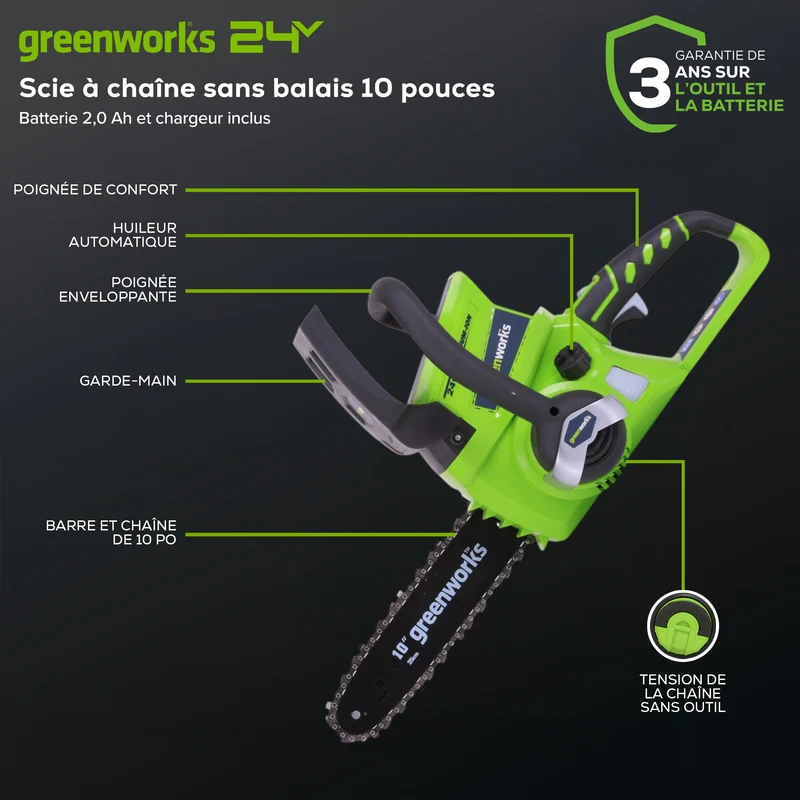 24V 10" Cordless Chainsaw, 2.0Ah Battery and Charger Included