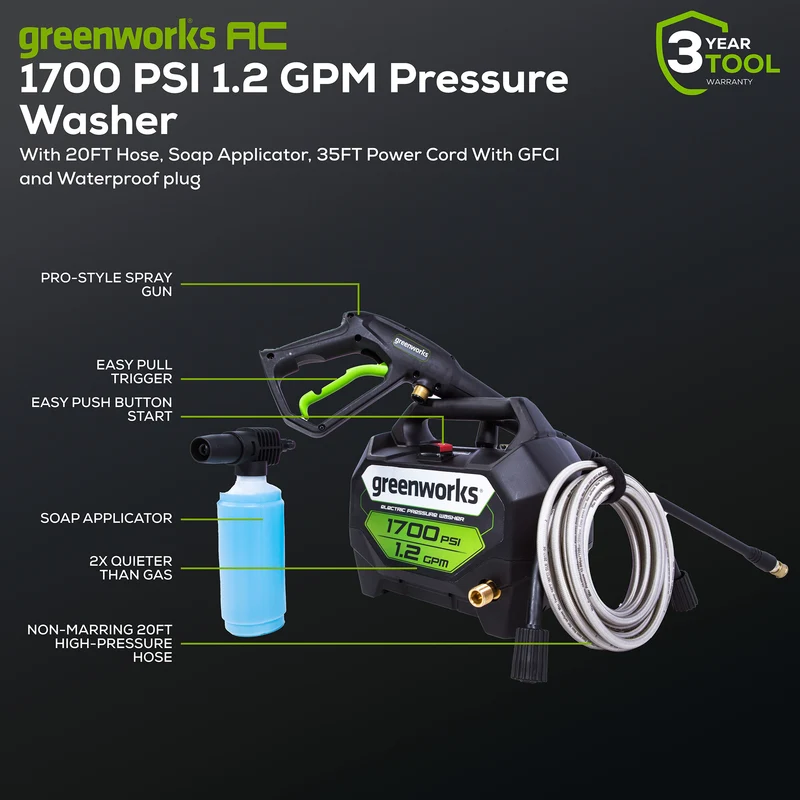 1700 PSI 1.2 GPM 13 Amp Electric Pressure Washer - GPW1704