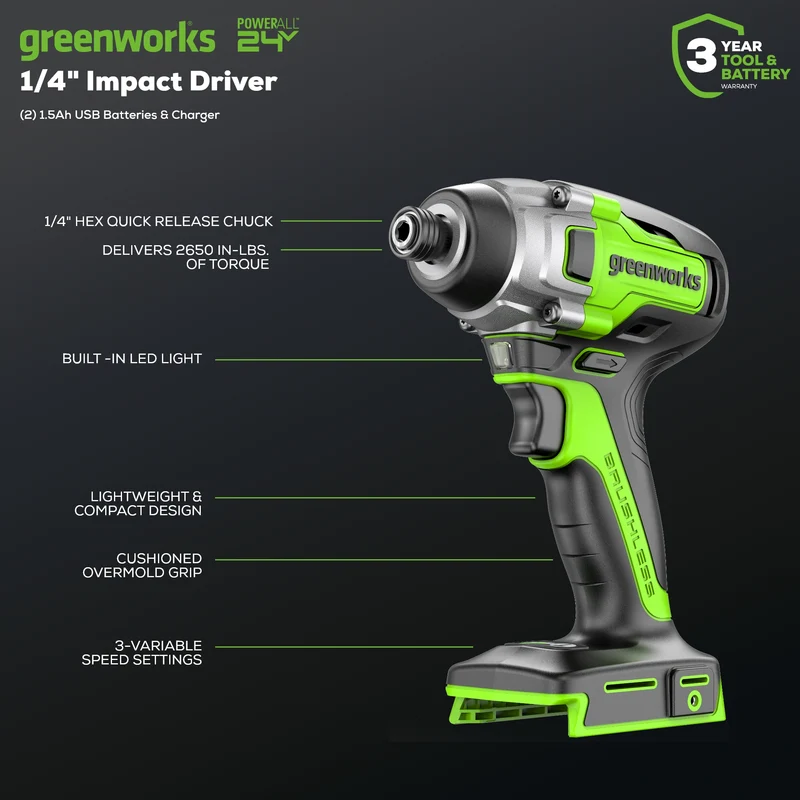 24V Brushless Impact Driver, (2) 1.5Ah Batteries and Charger Included - ID24L1520