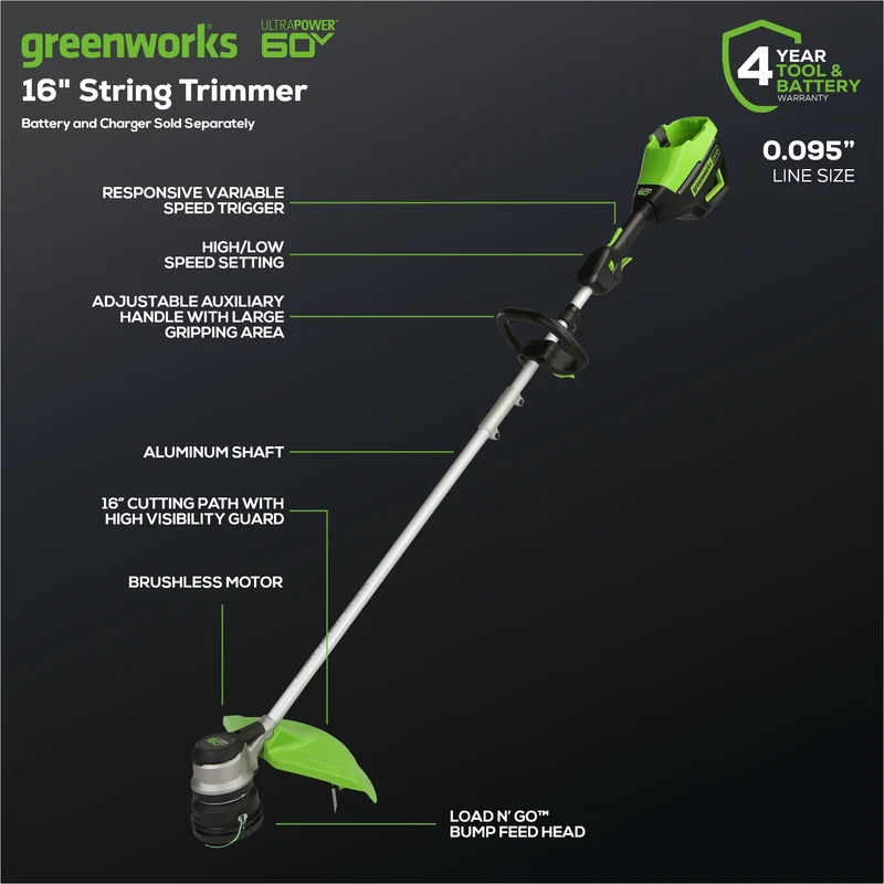60V 16" Direct Drive String Trimmer, 2.5Ah Battery and Charger Included