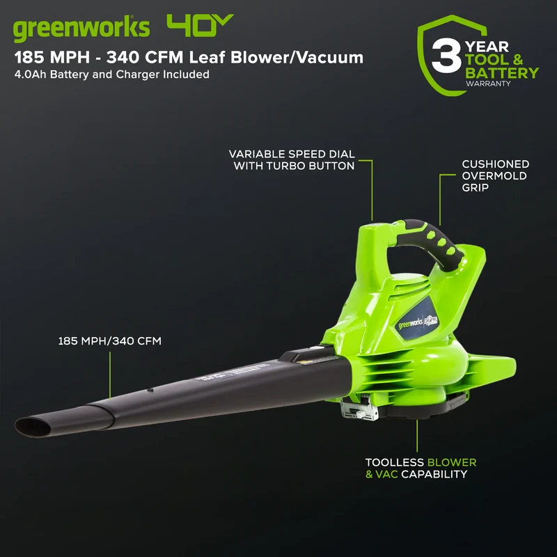 40V 185 MPH - 340 CFM Brushless Leaf Blower / Vacuum, 4.0Ah Battery and Charger Included - 24222