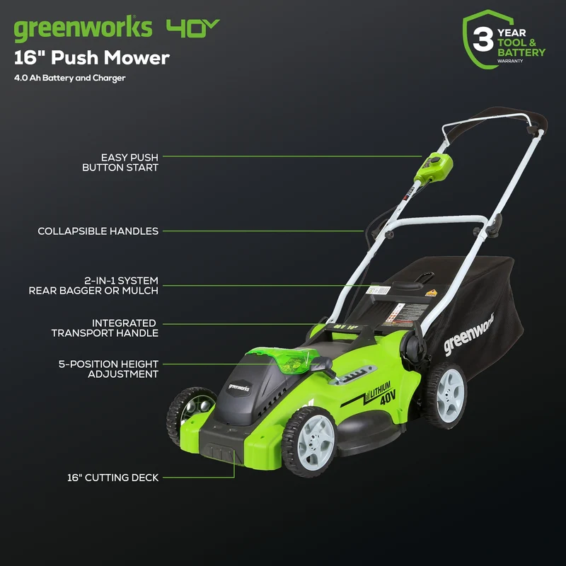 40V 16" Battery Lawn Mower - Cordless Push with 4.0Ah Battery & Charger