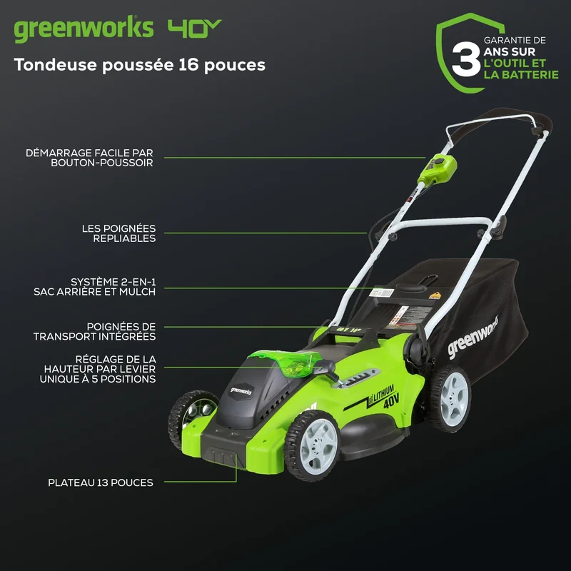 40V 16" Battery Lawn Mower - Cordless Push with 4.0Ah Battery & Charger