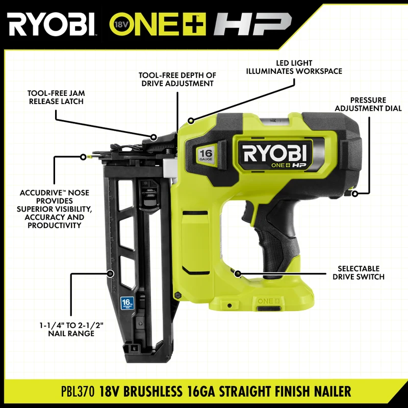 18V ONE+ HP 18V Brushless Cordless Nail Gun, 16-Gauge Straight Finish Nailer (Tool Only)
