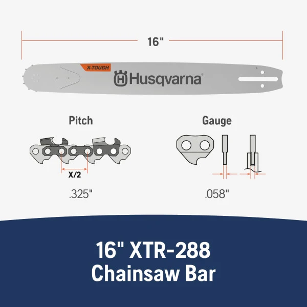 Husqvarna X-Tough 16 Inch Laminated Chainsaw Bar, 3/8" Pitch .058" Gauge, 60 Drive Links