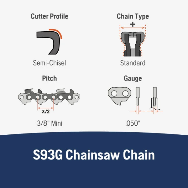 Husqvarna X-Cut S93G 14 Inch Chainsaw Chain Replacement, 3/8" Mini Pitch, .050" Gauge, and 52 Drive Links
