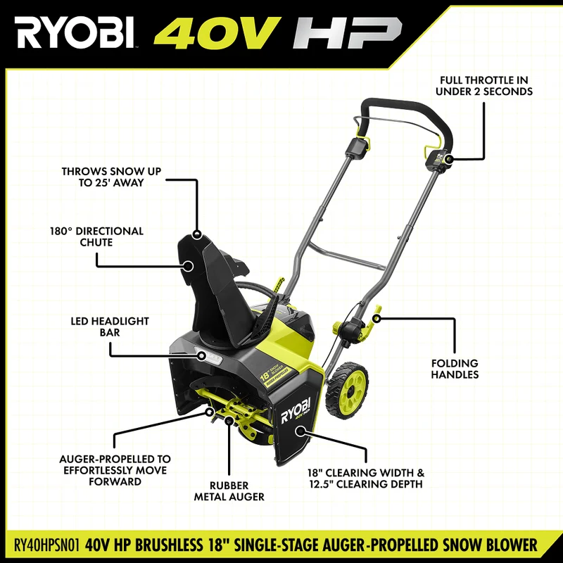 40V HP Brushless 18" Single-Stage Auger-Propelled Snow Blower