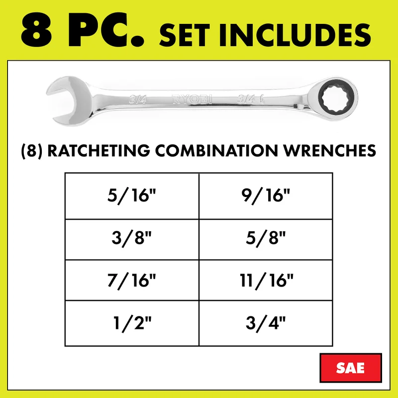 8 PC. SAE Ratcheting Combination Wrench Set