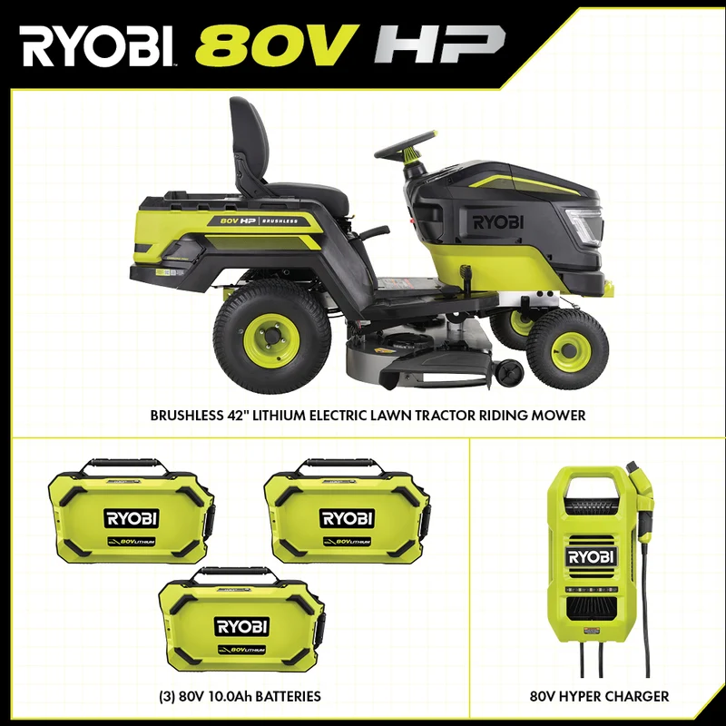 80V HP Brushless 42" Battery Cordless Electric Riding Lawn Tractor Kit