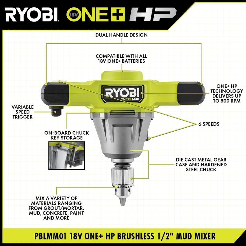 18V ONE+ HP Brushless 1/2" Mud Mixer Kit