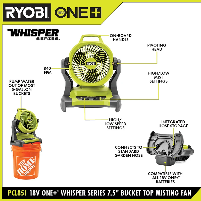 18V ONE+ WHISPER SERIES 7.5" Bucket Top Misting Fan