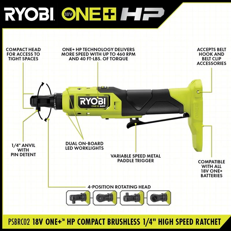 18V ONE+ HP Compact Brushless 1/4" High Speed Ratchet Kit