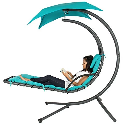 Best Choice Products Outdoor Hanging Curved Steel Chaise Lounge Chair Swing w/Built-in Pillow and Removable Canopy, Teal