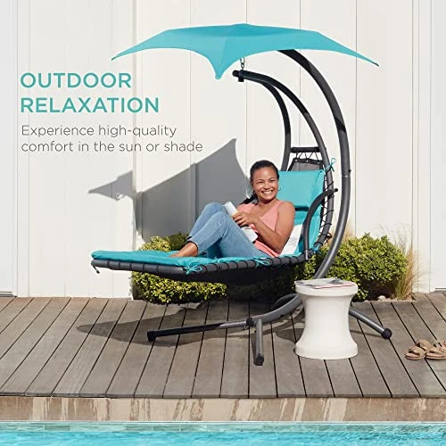 Best Choice Products Outdoor Hanging Curved Steel Chaise Lounge Chair Swing w/Built-in Pillow and Removable Canopy, Teal