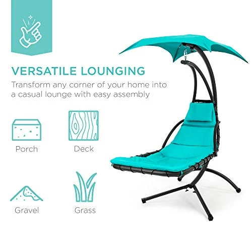 Best Choice Products Outdoor Hanging Curved Steel Chaise Lounge Chair Swing w/Built-in Pillow and Removable Canopy, Teal