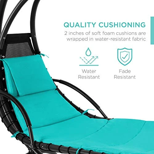 Best Choice Products Outdoor Hanging Curved Steel Chaise Lounge Chair Swing w/Built-in Pillow and Removable Canopy, Teal