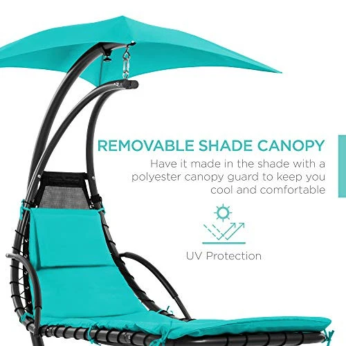 Best Choice Products Outdoor Hanging Curved Steel Chaise Lounge Chair Swing w/Built-in Pillow and Removable Canopy, Teal