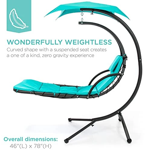Best Choice Products Outdoor Hanging Curved Steel Chaise Lounge Chair Swing w/Built-in Pillow and Removable Canopy, Teal