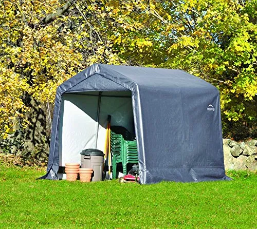 ShelterLogic 6' x 6' Shed-in-a-Box All Season Steel Metal Peak Roof Outdoor Storage Shed with Waterproof Cover and Heavy Duty Reusable Auger Anchors, Grey