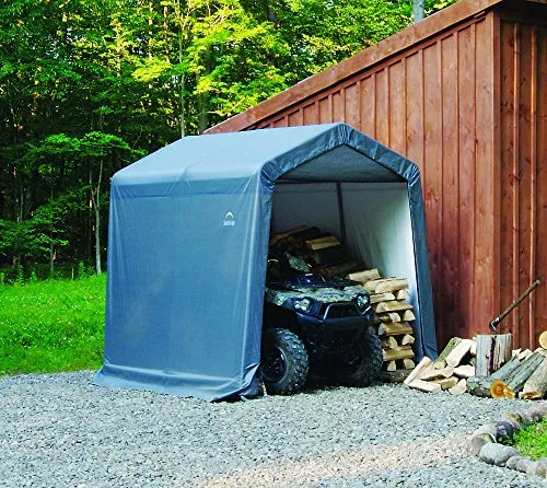 ShelterLogic 6' x 6' Shed-in-a-Box All Season Steel Metal Peak Roof Outdoor Storage Shed with Waterproof Cover and Heavy Duty Reusable Auger Anchors, Grey