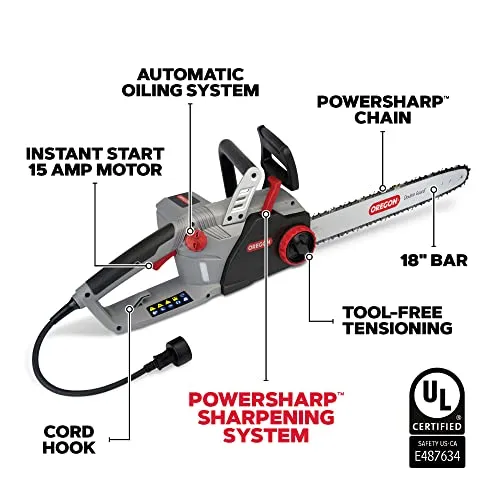 Oregon CS1500 18-inch 15 Amp Self-Sharpening Corded Electric Chainsaw, with Integrated Self-Sharpening System (PowerSharp) and Chain Brake for Safety, 120V