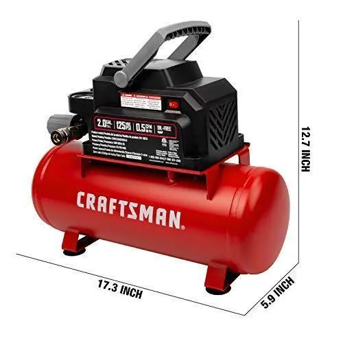 Craftsman Air Tools, 2 Gallon Portable Air Compressor 1/3 HP Oil-Free Max 125 PSI Pressure, Hot dog, Model: CMXECXA0200243