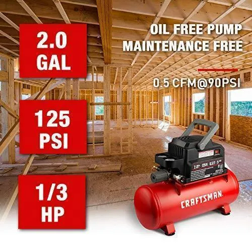 Craftsman Air Tools, 2 Gallon Portable Air Compressor 1/3 HP Oil-Free Max 125 PSI Pressure, Hot dog, Model: CMXECXA0200243