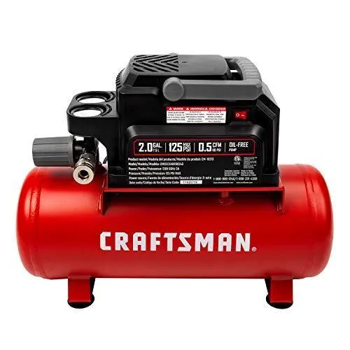 Craftsman Air Tools, 2 Gallon Portable Air Compressor 1/3 HP Oil-Free Max 125 PSI Pressure, Hot dog, Model: CMXECXA0200243