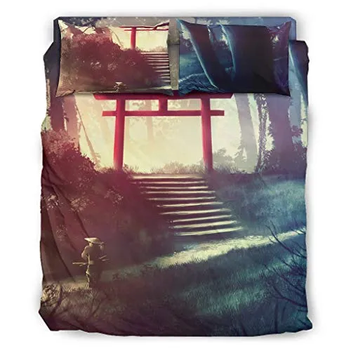 Custonaly 4 Pcs Duvet Cover Set Japanese Shrine Forest Path Print All Season Bed Comforter Set Duvet Case Flat Sheet Pillowcase Dorm White Cal King