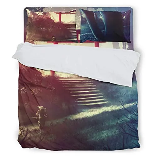 Custonaly 4 Pcs Duvet Cover Set Japanese Shrine Forest Path Print All Season Bed Comforter Set Duvet Case Flat Sheet Pillowcase Dorm White Cal King