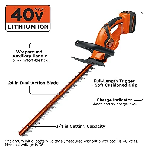 BLACK+DECKER 40V MAX Cordless Hedge Trimmer, 24-Inch (LHT2436)
