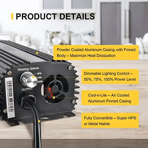 iPower GLBLST1000D Horticulture 1000 Watt Digital Dimmable Electronic Ballast for Hydroponics HPS MH Grow Light, 1000W