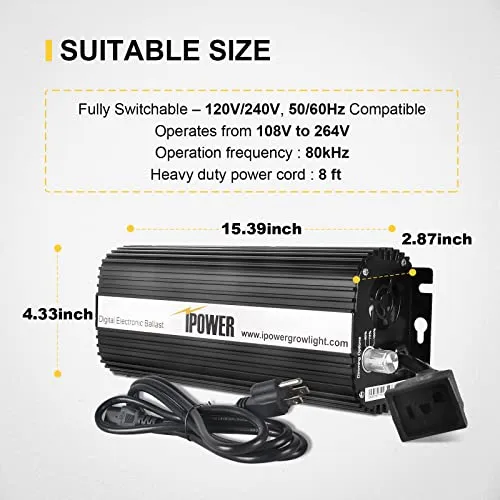 iPower GLBLST1000D Horticulture 1000 Watt Digital Dimmable Electronic Ballast for Hydroponics HPS MH Grow Light, 1000W