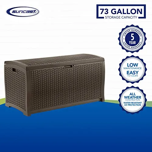 Suncast 73-Gallon Medium Deck Box - Lightweight Resin Indoor/Outdoor Storage Container and Seat for Patio Cushions and Gardening Tools - Store Items on Patio, Garage, Yard - Mocha Brown