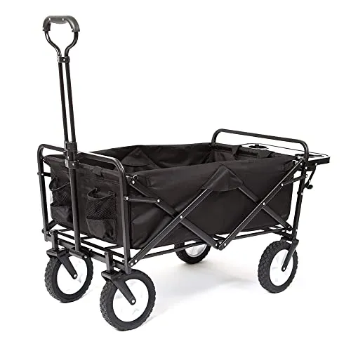 Mac Sports Heavy Duty Steel Frame Collapsible Folding 150 Pound Capacity Outdoor Garden Utility Wagon Yard Cart with Table and Cup Holders, Black
