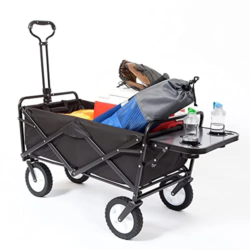 Mac Sports Heavy Duty Steel Frame Collapsible Folding 150 Pound Capacity Outdoor Garden Utility Wagon Yard Cart with Table and Cup Holders, Black