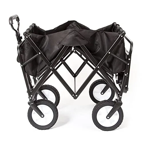 Mac Sports Heavy Duty Steel Frame Collapsible Folding 150 Pound Capacity Outdoor Garden Utility Wagon Yard Cart with Table and Cup Holders, Black