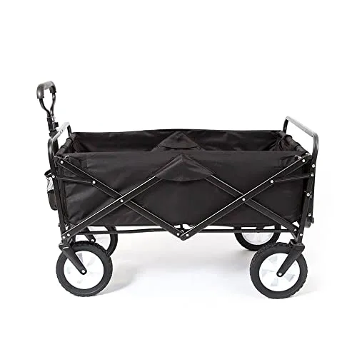Mac Sports Heavy Duty Steel Frame Collapsible Folding 150 Pound Capacity Outdoor Garden Utility Wagon Yard Cart with Table and Cup Holders, Black