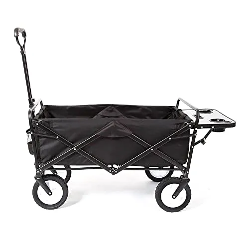 Mac Sports Heavy Duty Steel Frame Collapsible Folding 150 Pound Capacity Outdoor Garden Utility Wagon Yard Cart with Table and Cup Holders, Black
