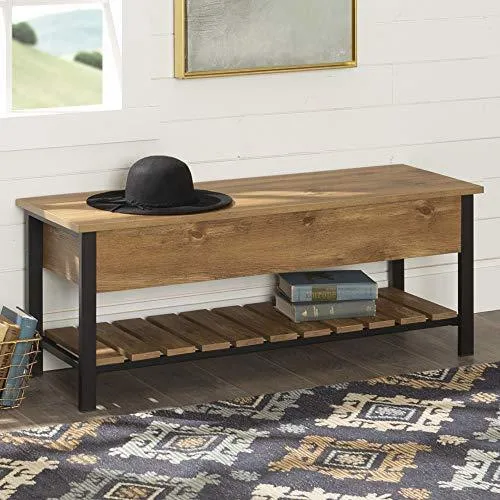 Walker Edison Julian Rustic Farmhouse Lift Top Entry Bench with Bottom Rack, 48 Inch - Barnwood Brown