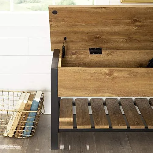 Walker Edison Julian Rustic Farmhouse Lift Top Entry Bench with Bottom Rack, 48 Inch - Barnwood Brown
