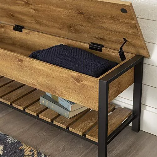 Walker Edison Julian Rustic Farmhouse Lift Top Entry Bench with Bottom Rack, 48 Inch - Barnwood Brown